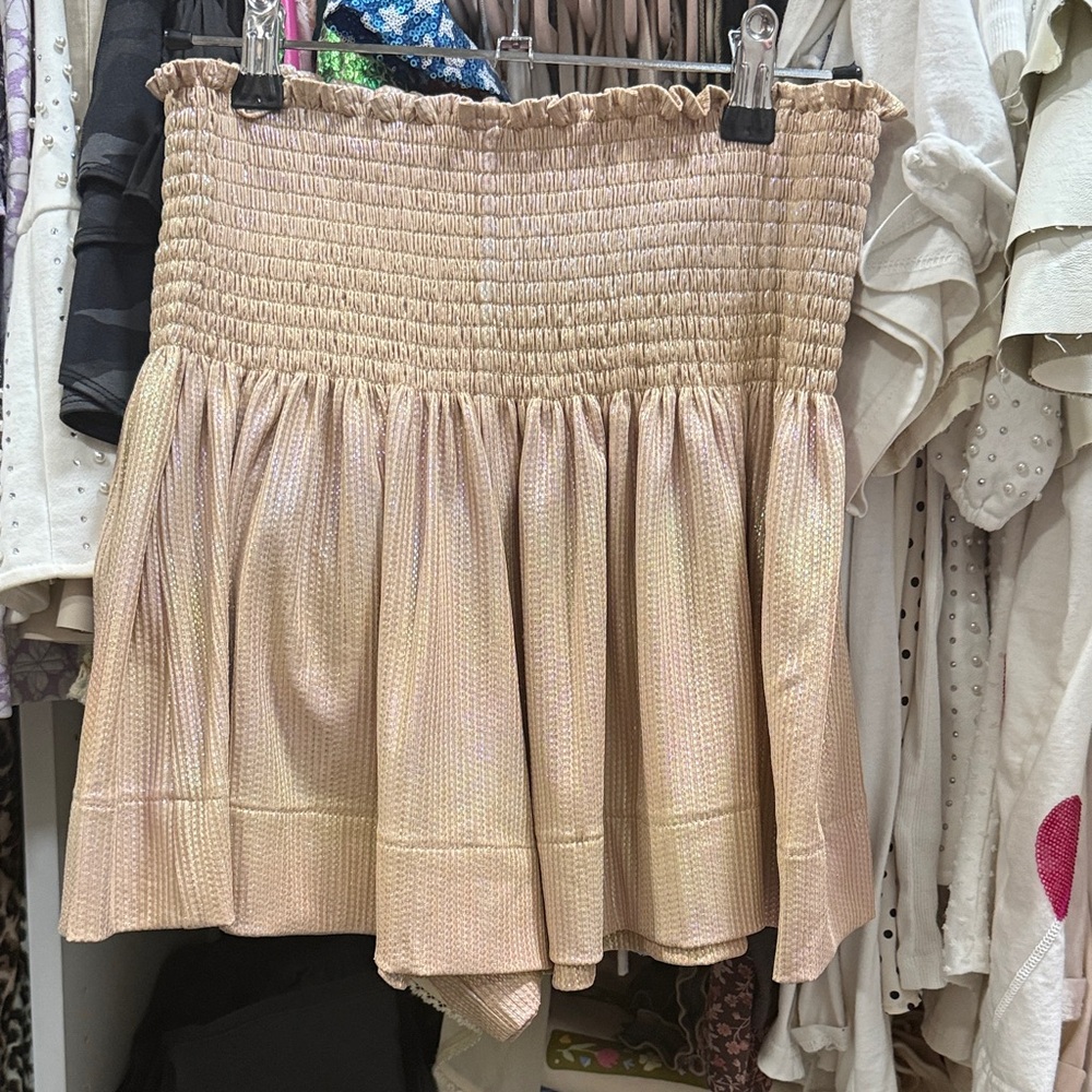 QUEEN OF SPARKLES Iridescent Beige Smocked Mini Skirt